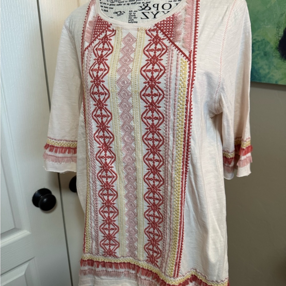 Sundance Cream & Red Embroidered Top – Boho Artisan Blouse
